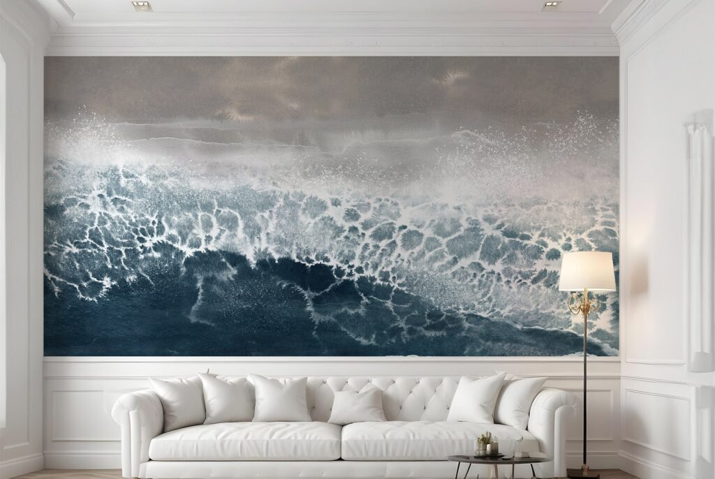 zidne tapete Morska rapsodija MagisWall, apstraktni morski motivi na tapetama, detalj tapeta s plavim valovima