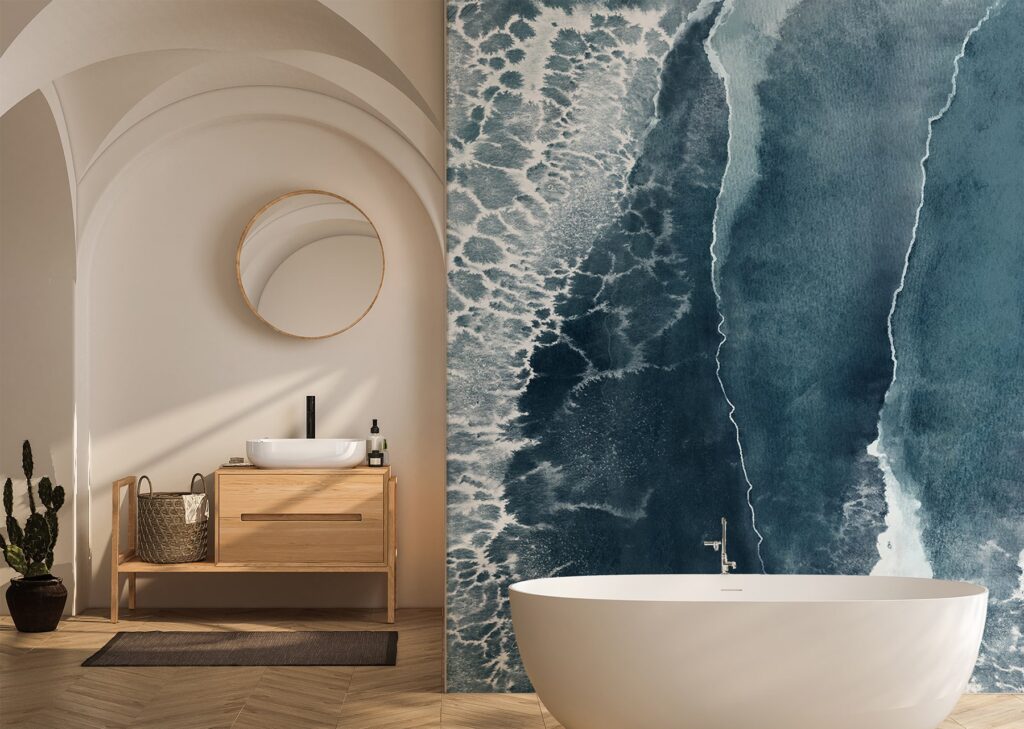 zidne tapete Morska rapsodija MagisWall, apstraktni morski motivi na tapetama, detalj tapeta s plavim valovima